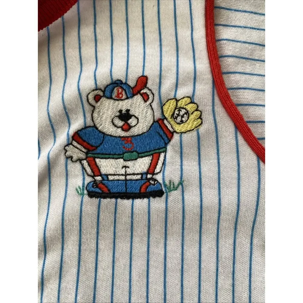 Vintage Carters 9mths Baseball Bear Striped One Pieces Outfit L USA 18/23 lbs